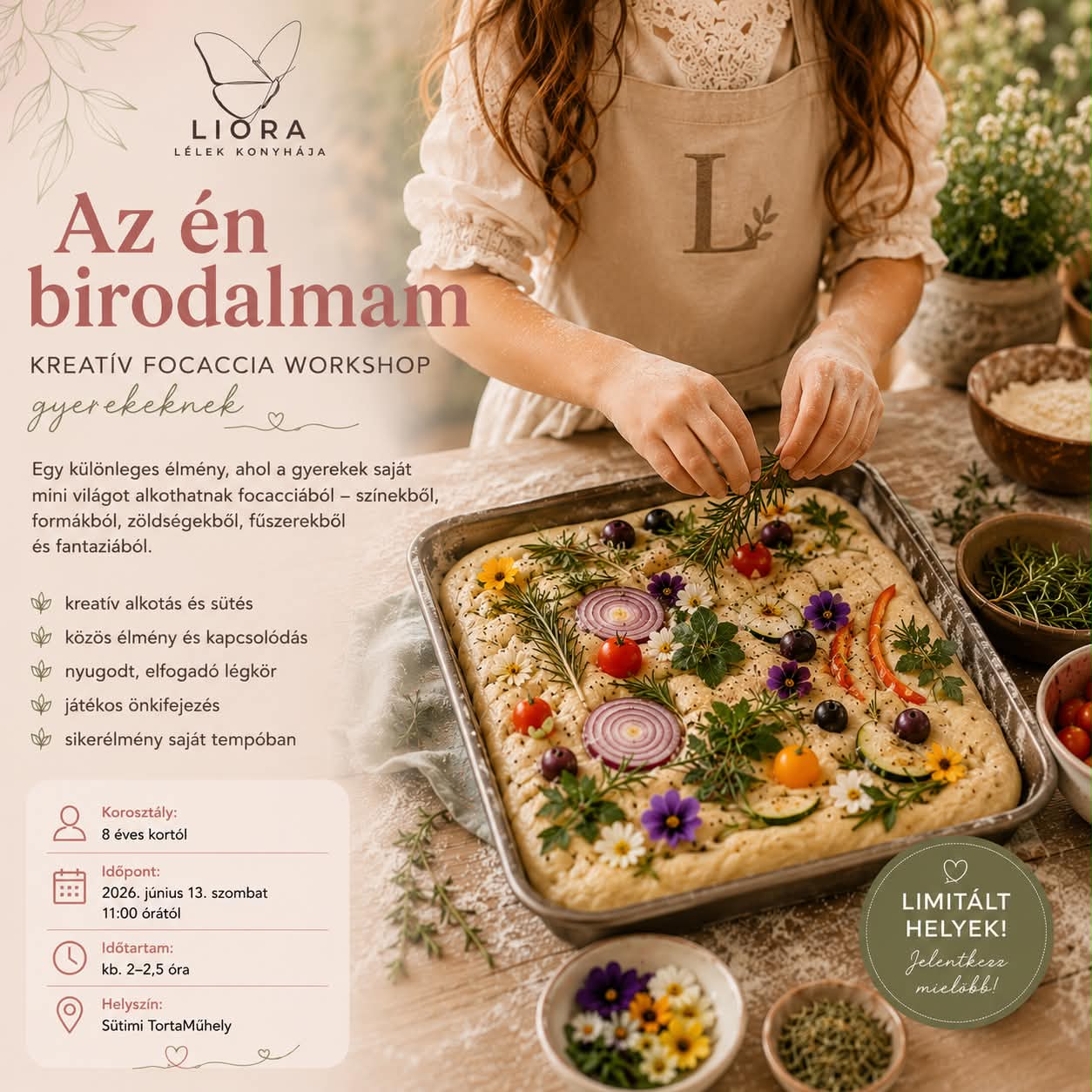 Gyerek díszíti a focaccia tésztáját zöldségekkel, virágokkal és fűszerekkel – Az én birodalmam kreatív workshop