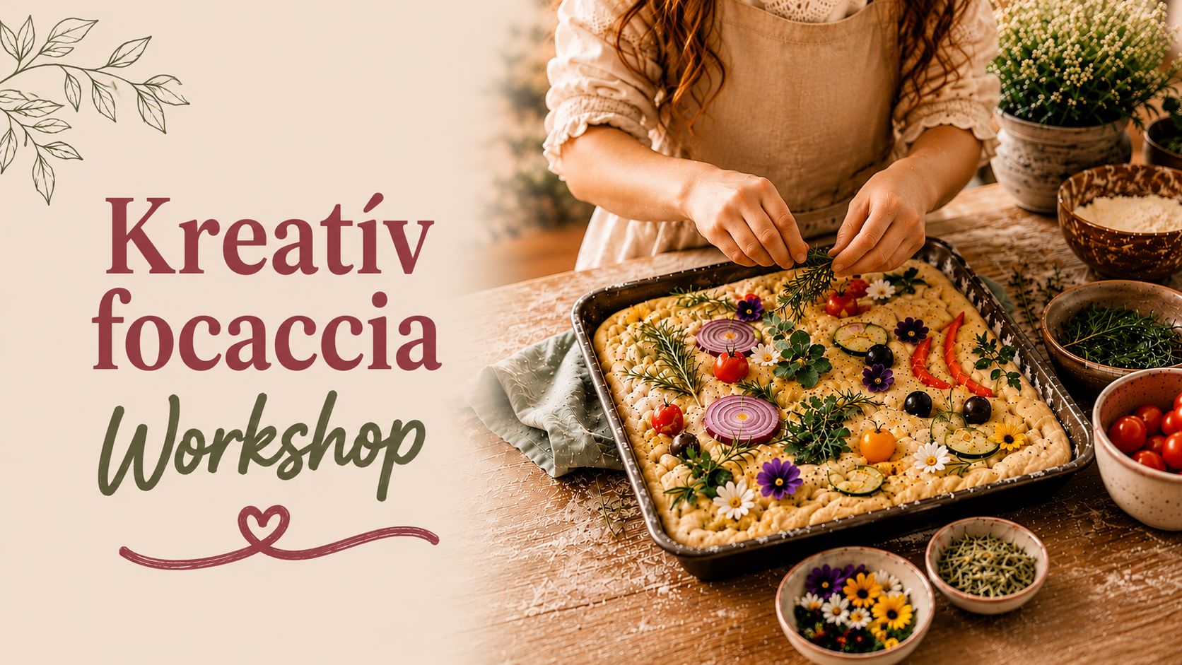 Gyerek díszíti a focaccia tésztáját zöldségekkel és virágokkal – kreatív workshop a Liorán